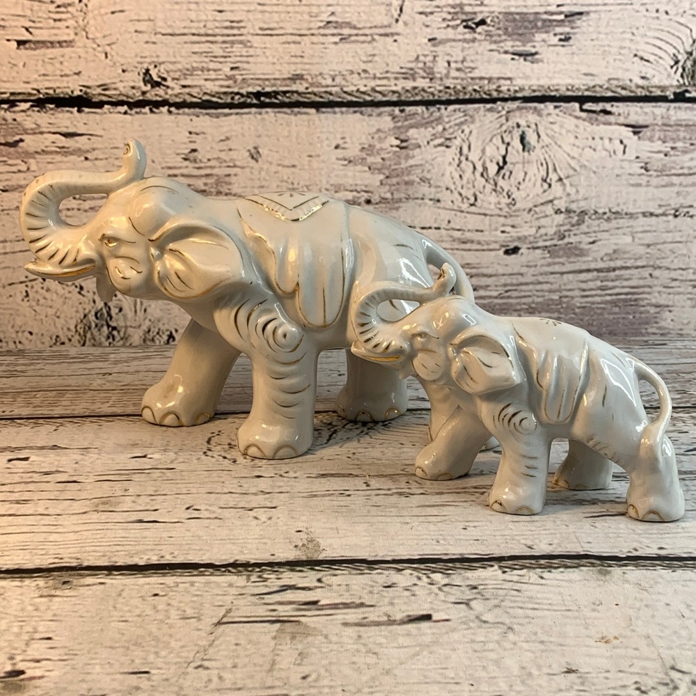 Royal Japan Elephant Figurines 2-Piece‎ Set Hand Painted Gold Accents Decor